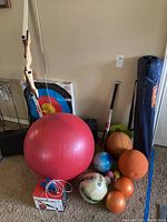 Full view of sports and exercise equipment including archery bow, target, exercise ball, multiple sports balls, and accessories.