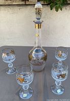 Clear glass wine decanter with long neck, stopper and gold detailing, surrounded by four matching short stemmed glasses with gold leaf and grape designs.
