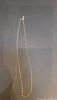 Full view of the thin 10K gold chain necklace laid out on black background showing length and fine chain texture.