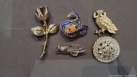 Full lot showing six costume brooches including rose, swan, owl, rhinestone circle, silver fish, and another brooch.
