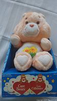 Front view of the peach-colored Care Bear plush figure seated in original blue box with Care Bears and Kenner branding.