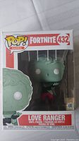Front view of Funko Pop Fortnite Love Ranger 432 figure box showing the figure inside and character name on front panel.
