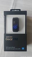 Front view of Samsung Gear Fit2 GPS Sports Band in original packaging showing display and branding
