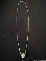 Full view of the silver small curb chain with attached round pendant, showing length and clasp.