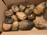 Top-down photo showing multiple decorative coconuts with varied carved faces and shapes inside a cardboard box.