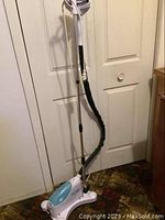 Full view of the TOBI portable fabric steamer with telescoping pole and handheld wand visible, positioned upright against a door.