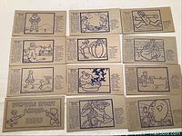All storybook pages laid out in rows showing black and white line illustrations and text instructions for coloring and assembly.