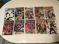 Front view of 10 Fantastic Four comics laid out in two rows of five