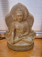 Front view of the concrete Buddha statue showing detailed facial features and halo design.