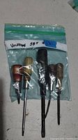 Photo of set of five vintage screwdrivers in a plastic bag labeled 'Vintage Set 5'