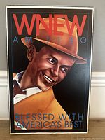 Full view of vintage Frank Sinatra radio ad poster on board showing face, text, and colors.