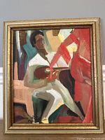 Full view of framed Marino Alt oil painting showing abstract figures and guitar