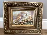 Frontal view of the entire signed oil painting in ornate gilt frame