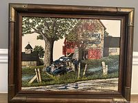 Full view of framed oil painting showing the barn scene with tree, blue truck, and fence.