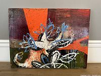 Full view of the abstract painting on canvas showing composition and colors