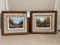 Two framed oil paintings on board side by side on floor against wall, showing wood frames with cloth mats and landscape scenes with mountains and forest