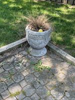 Full view of concrete urn with plant and tennis ball in it, positioned outdoors on stone pavers within a wood-frame yard bed.