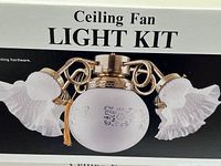 Box front showing the antique brass ceiling fan light kit with frosted globe and three ruffled frosted glass shades with pull chains attached.