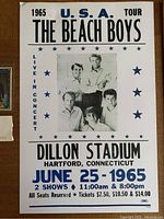 1965 Beach Boys USA Tour poster, blue and black print on white, details live concert at Dillon Stadium in Hartford, Connecticut on June 25, 1965