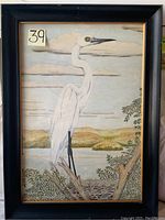 Full view of the framed early ornithological drawing showing the white egret in its habitat with original black ebonized gilt frame