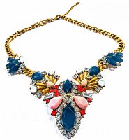 Front close-up of gold-tone chain necklace with multicolored rhinestone cluster pendant signed by J. Crew.