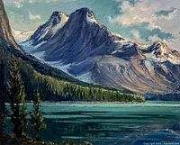 Close-up of the painting showing detailed mountainous lakeside landscape with rich color and texture.