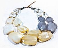 Front view of vintage multi-strand resin necklace showing bead colors and strands.