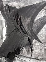 Close-up detail showing abstract brushstrokes in black over gray textured background.