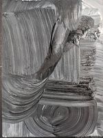 Close-up vertical photo capturing the detailed brush strokes and texture of the abstract acrylic painting in black and gray tones.