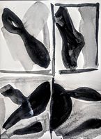 Front view of original abstract painting on paper showing black and gray abstract shapes in four quadrants on white background.