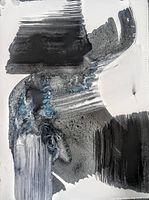 Close-up photo of the abstract painting showing brushstroke textures and color variations in black, grey, white, and blue on paper.