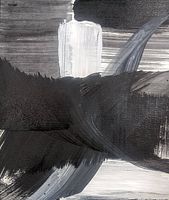 Close-up view of abstract painting showing black and white brushstrokes and textures
