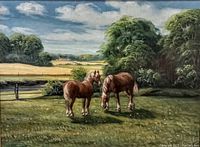 Close-up of the oil painting showing two horses in a grassy field with trees and a partly cloudy sky.