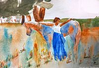 Full view of the watercolour painting showing a woman in a white top and blue skirt standing beside a horse in an outdoor setting with subtle, earthy colors.