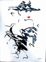 Front view of the signed vintage art print on canvas showing stylized portrait of a woman with black brushstrokes and red lips, signed by artist.