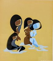 Close-up of the four abstract figures in shades of brown, black, blue and white on yellow background