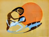 Full view of framed lithograph showing abstract figures against an orange sun motif