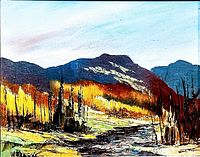 Close-up photo of the signed painting showing autumn mountain landscape with river and trees