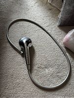 Entire shower head with attached flexible metal hose laid out on carpeted floor