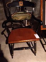 Full front view of painted wooden chair showing seat, arms and backrest