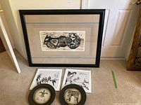 Overview of five art pieces including framed prints and decorative plates showing various motifs and styles.