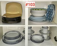 Two kitchen cupboard shelves showing various dinnerware sets including square beige plates, green leaf patterned bowls, polka dot blue platter, and a blue rimmed floral dinnerware set with plates, cups, saucers, and bowls.