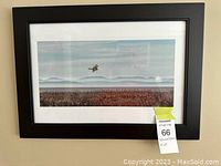 Black framed photo of bird flying over marshland with glass front