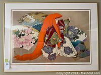 Closer view of artwork showing detailed colorful traditional Japanese figure with orange hair or scarf, fans and floral elements.