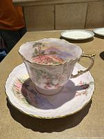 Close-up photo of the tea cup on the saucer showing floral and landscape pattern with gold trim.