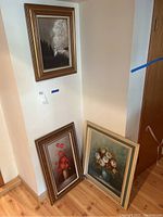Three framed canvas oil paintings shown together, sizes approx 23x19 to 31x27 inches.
