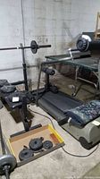 Overview of treadmill next to weight bench with plates on floor
