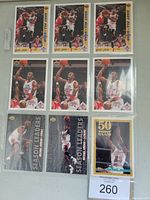 Photo displaying 9 Michael Jordan basketball trading cards including USA All-Star, Upper Deck Season Leaders, and Topps 50 Point Club inserts from the 1990s.