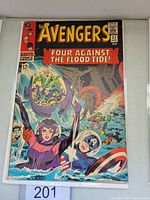 Front cover of The Avengers #27 comic book from April 1966 showing main characters in flood water.