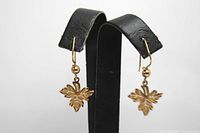Close-up photo showing detailed leaf-shaped gold earrings hanging from a black display stand.